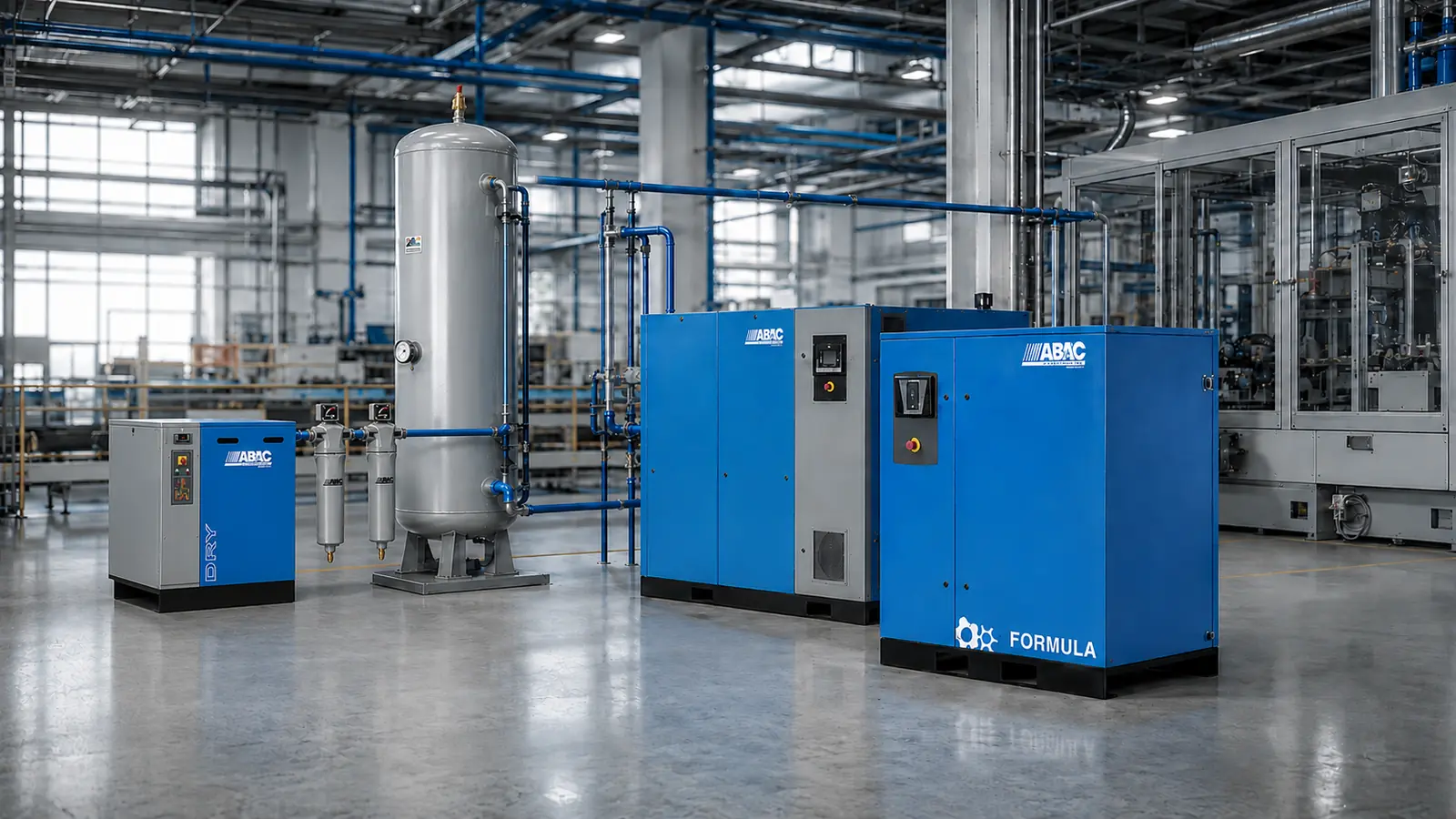 Installation d’air comprimé ABAC au Maroc avec compresseurs, sécheur frigorifique, filtres et réservoir par OMEGA AIR